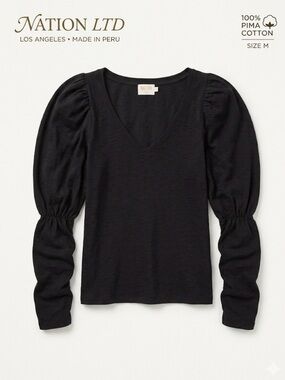 NATION LTD Black Pima Cotton Puff Sleeve V-Neck Top Size M